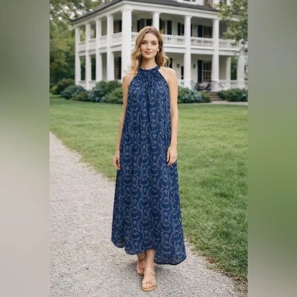 Hill House Giselle Dress in Charm Scallop Halter‎ Navy Blue Floral Boho size XS
